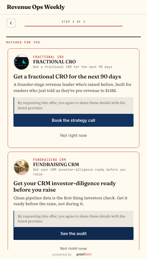 A multi-offer wall showing two offers matched to a subscriber's earlier answers, with a book-a-call and see-the-audit call to action