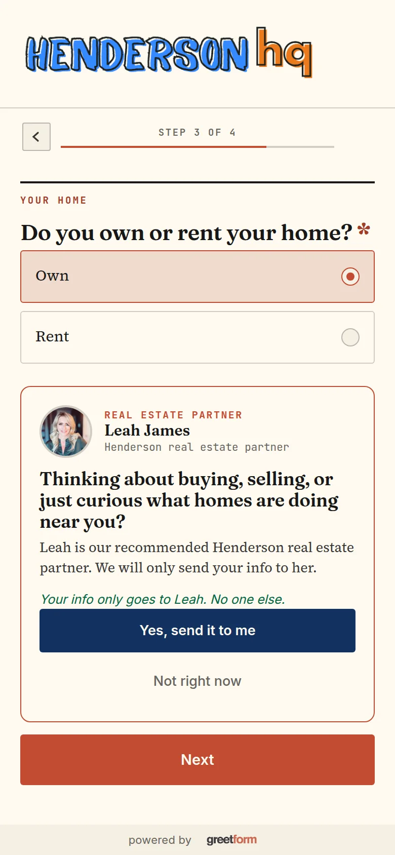 A real estate partner card appears after the reader says they own their home