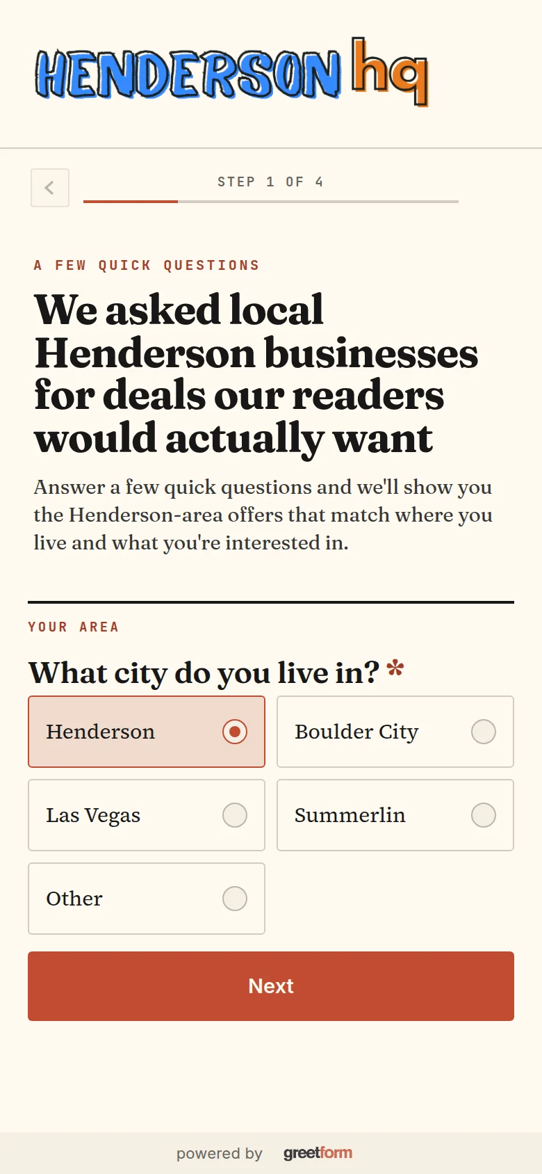 Henderson HQ's greetform asking what city the reader lives in