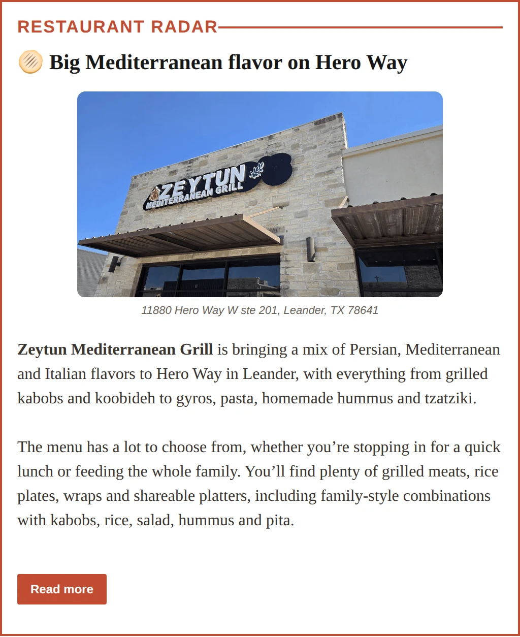 Restaurant Radar section from the Sep 29 Leander Scoop