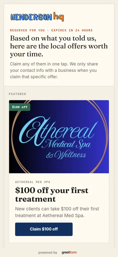 A greetform offer wall with a featured local deal