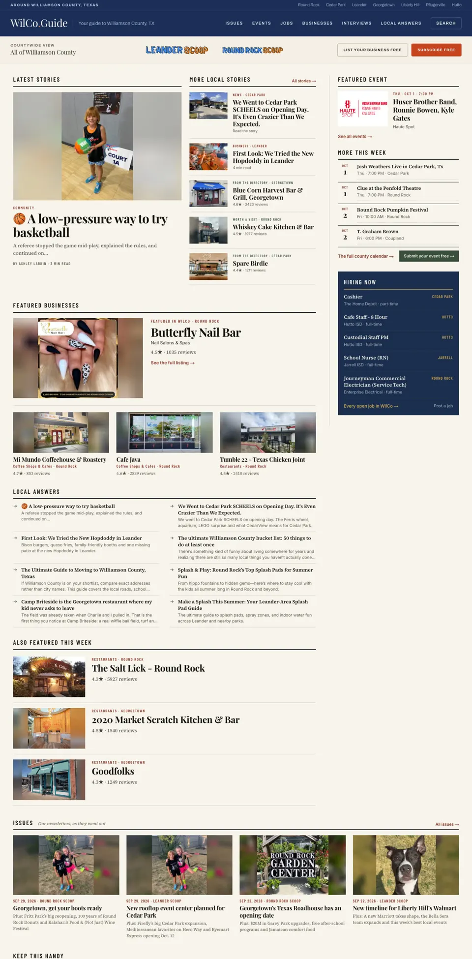 A larkfeed site home page with stories, events and a featured event