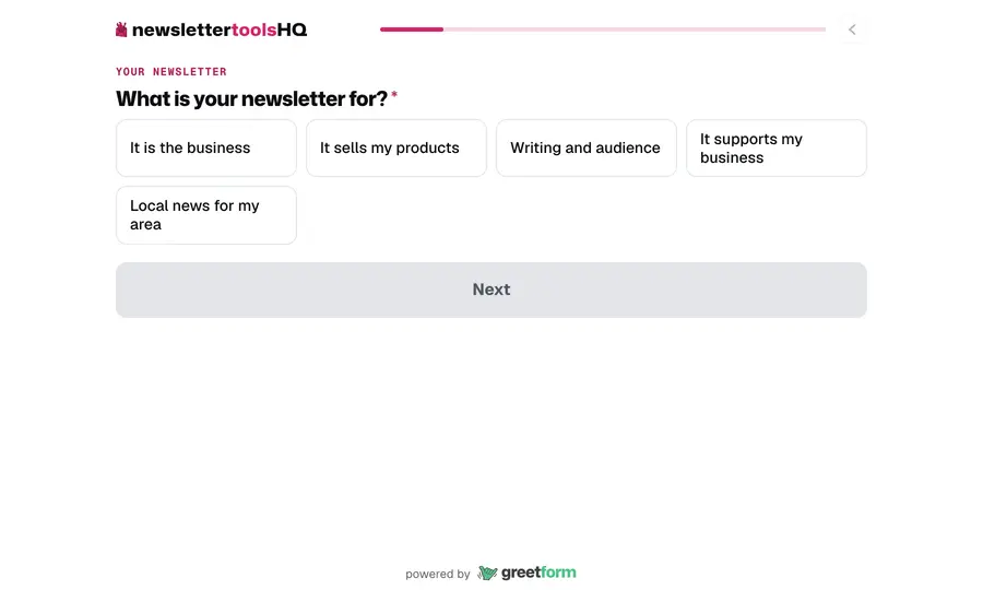 Animation of the quiz on the newsletter tools HQ homepage: six multiple choice questions, an email step, then a page of result cards.