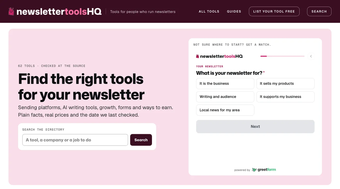 The newsletter tools HQ homepage with a directory search box and a quiz in the header.